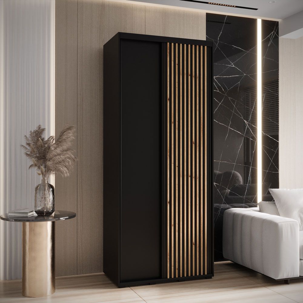 Kleiderschrank Tharo in Schwarz mit Schiebetüren, 235,2 x 100 x 45 cm, Anti Staubbürsten, auch für Wohnzimmer geeignet, viel Stauraum, Schwarze