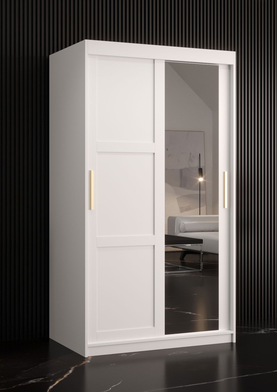 Schmaler Kleiderschrank mit einer Spiegeltür Liskamm 25, Farbe: Weiß matt