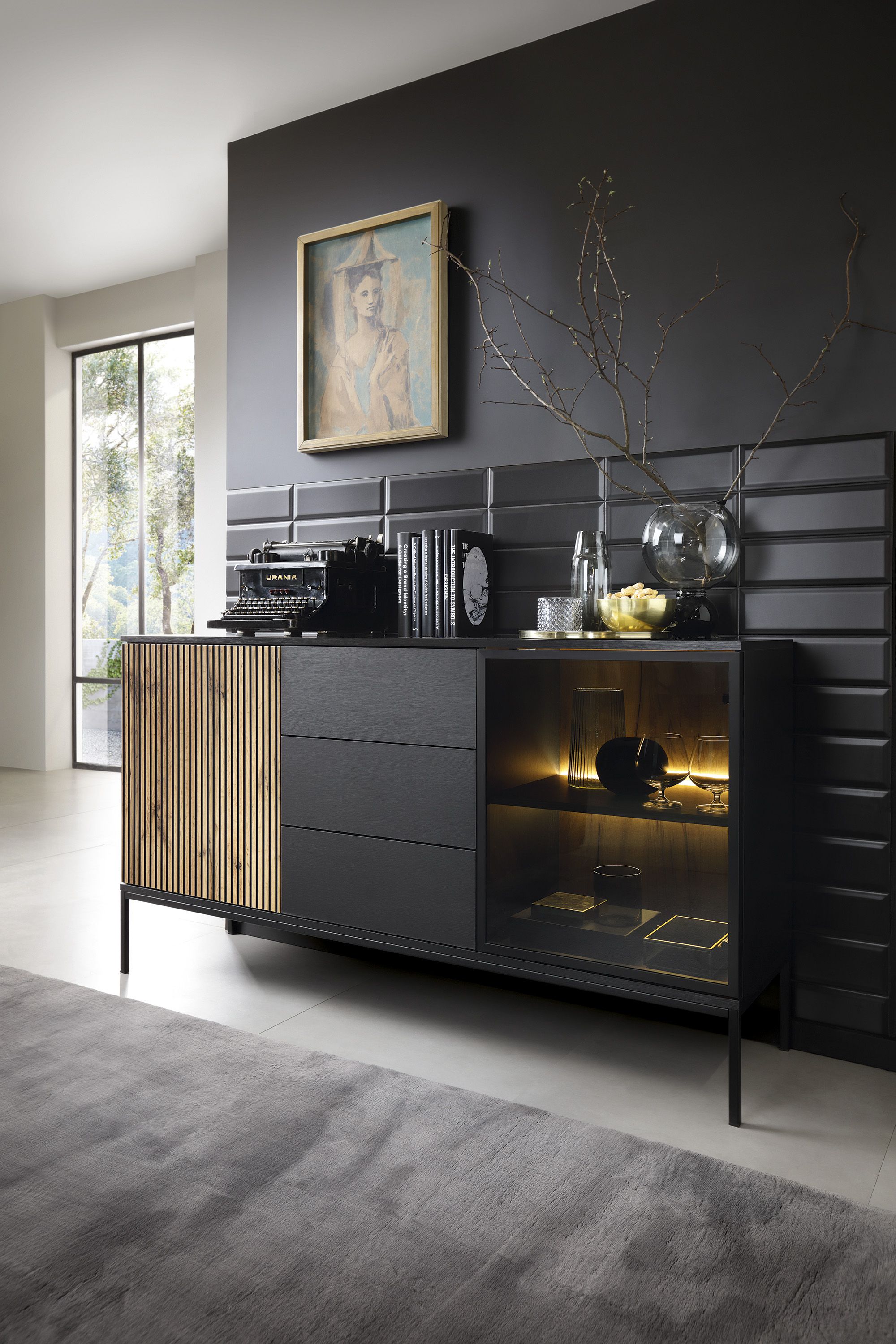 Edles Sideboard mit einer Glastür Chelmsford 04, Farbe: Schwarz / Eiche