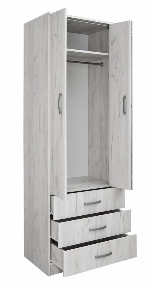 Schmaler Kleiderschrank | 2 Drehtüren | 3 Schubladen | 1 Fach | mit Kleiderstange | 75 cm breit