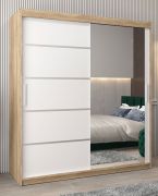 Schiebetürenschrank / Kleiderschrank Jan 04B mit Spiegel, Farbe: Eiche Sonoma / Weiß Matt - Abmessungen: 200 x 180 x 62 cm ( H x B x T)