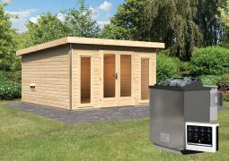 Saunahaus "Anni 3" SET B mit Ofen 9 kW, Farbe: Natur  - 369 x 369 cm (B x T), Grundfläche: 13,32 m²