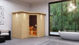 Sauna "Tjara 2" SET mit bronzierter Tür und Kranz - Farbe: Natur, Ofen 9 kW - 264 x 198 x 212 cm (B x T x H)
