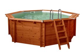 Holzpool Gardenflair 01, Achteck-rund, 5,30 x 1,38 Meter, inklusive Sandfilteranlage, Fiberclean, Poolleiter, Poolfolie, Boden- und Wandvlies, Edelstahl-Eckverbindungen und LED-Scheinwerfer
