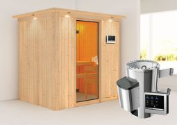 Sauna "Jarle" SET mit bronzierter Tür und Kranz - Farbe: Natur, Ofen externe Steuerung easy 3,6 kW - 210 x 165 x 202 cm (B x T x H)