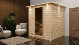 Sauna "Jonna" SET mit Kranz und graphitfarbener Tür - Farbe: Natur, Ofen externe Steuerung easy 9 kW - 224 x 210 x 206 cm (B x T x H)