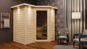 Sauna "Tjara 1" SET mit graphitfarbener Tür und Kranz - Farbe: Natur, Ofen externe Steuerung easy 9 kW - 221 x 198 x 212 cm (B x T x H)
