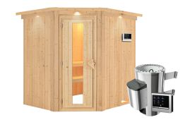 Sauna "Askjell" SET mit Energiespartür und Kranz - Farbe: Natur, Ofen externe Steuerung easy 3,6 kW - 210 x 184 x 202 cm (B x T x H)