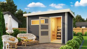 Saunahaus "Linnea 2" SET mit moderner Tür & Ofen 9 kW, Farbe: Terragrau - 336 x 231 cm (B x T), Grundfläche: 7 m²