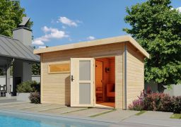 Saunahaus "Linnea 3" SET mit Milchglastür & Ofen 9 KW - 396 x 231 cm (B x T), Grundfläche: 8,4 m²