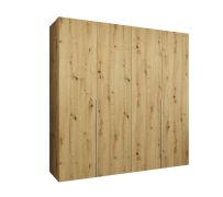Drehtürenschrank mit zwei Kleiderstangen Eiger 24, Farbe: Eiche Artisan, 2 Meter breit, Kleiderschrank, Griffe: Kaschmir, zwei Fächer, vier Türen, Soft-Close