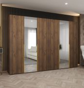 Drehtürenschrank mit zwei Spiegeltüren | Farbe: Walnuss | 3 Meter breit | vier Kleiderstangen | Griffe: Gold | vier Fächer | Soft-Close-Funktion