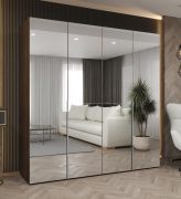 Drehtürenschrank mit 2 Meter breite | Farbe: Walnuss | vier Spiegeltüren | Griffe: Silber | Soft-Close-Funktion | zwei Fächer | zwei Kleiderstangen