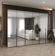 Drehtürenschrank / Kleiderschrank mit vier Kleiderstangen | Farbe: Walnuss | vier Fächer | 3 Meter breit | Soft-Close-Funktion | Griffe: Schwarz