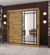 Kleiderschrank / Schiebetürenschrank | Farbe: Eiche Artisan | dekorative Spiegeltür | 180 x 62 x 200 | 10 Fächer | 2 Kleiderstangen | Moderne Details