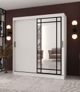 Kleiderschrank / Schiebetürenschrank | Weiß Matt | dekorative Spiegeltür | 180 x 62 x 200 | 10 Fächer | 2 Kleiderstangen | Moderne Details