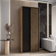 Kleiderschrank Mina mit Schiebesystem in Eiche/Schwarz gehalten, 235,2 x 110 x 60 cm, modern, platzsparend, Lamellen Eichen Optik, Anti Staubbürsten