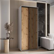 Schiebetürenschrank Mina 1,2 Meter breit in Weiß/Eiche, Metallgriffe in schwarz gehalten, Front aus laminierter Platte, Lamellen in schwarzer Optik