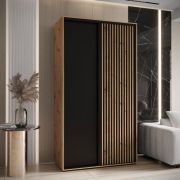 Schiebetürenschrank Mina in Schwarz/Eiche, Front aus laminierter Platte, Anti Staubbürsten, Metallgriffe in schwarz, 235,2 x 130 x 60 cm, platzsparend