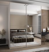 Kleiderschrank / Schiebetürenschrank | 2 Schiebetüren | 2 Kleiderstangen | 245,5 x 200 x 64 cm | 11 Fächer | Soft-Close | Farbe: Weiß | Spiegel