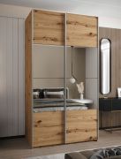 Kleiderschrank / Schiebetürenschrank | 245,5 x 130 x 64 cm | 2 Schiebetüren | Soft-Close | 6 Fächer | 2 Kleiderstangen | Farbe: Eiche Artisan | Spiegel