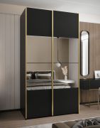 Kleiderschrank / Schiebetürenschrank | Spiegel | Farbe: Schwarz | 245,5 x 140 x 64 cm | Soft-Close | 6 Fächer | 2 Schiebetüren | 2 Kleiderstangen