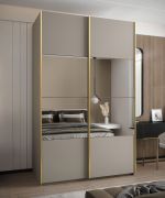 Kleiderschrank / Schiebetürenschrank | Farbe: Kaschmir | 245,5 x 150 x 64 cm | 2 Kleiderstangen | 2 Schiebetüren | Soft-Close | Spiegel | 6 Fächer