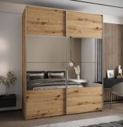 Kleiderschrank / Schiebetürenschrank | 2 Kleiderstangen | 245,5 x 200 x 64 cm | Spiegel | Soft-Close | 11 Fächer | 2 Schiebetüren | Farbe: Eiche Artisan