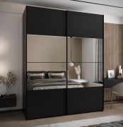 Kleiderschrank / Schiebetürenschrank | 2 Schiebetüren | 11 Fächer |245,5 x 200 x 64 cm | Spiegel | Soft-Close | 2 Kleiderstangen | Farbe: Schwarz