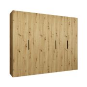Drehtürenschrank mit fünf Türen Korab 34, Farbe: Eiche Artisan, drei Kleiderstangen, 2,5 Meter breit, Griffe: Schwarz, Soft-Close-Funktion, drei Fächer
