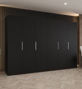 Kleiderschrank / Drehtürenschrank Korab 51, Farbe: Schwarz, vier Kleiderstangen, 3 Meter breit, Griffe: Kaschmir, vier Fächer, Soft-Close-Funktion