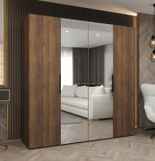 Kleiderschrank / Drehtürenschrank | Farbe: Walnuss | 2 Meter breit | zwei Kleiderstangen | Soft-Close | zwei Spiegeltüren | Griffe: Schwarz | zwei Fächer