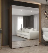 Kleiderschrank / Drehtürenschrank mit drei Spiegeltüren | Farbe: Walnuss | 1,5 Meter breit | Griffe: Schwarz | zwei Fächer | zwei Kleiderstangen | Soft-Close