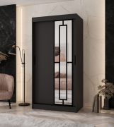 Schiebetürenschrank / Kleiderschrank | Schwarz Matt | 5 Fächer | 2 Kleiderstangen | schmal | 100 x 62 x 200 cm | dekorative Spiegeltür | für Schlafzimmer
