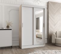 Kleiderschrank Aletschhorn 06, 1,2 Meter breit, Farbe: Weiß, eine Spiegeltür, Aluminiumschienen, fünf Fächer, Schiebetürenschrank, zwei Kleiderstangen