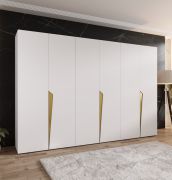 Drehtürenschrank | Farbe: Weiß | ABS-Kanten | 3 Meter breit | 3 Kleiderstangen | Soft-Close-Funktion | Griffe: Gold | 3 Fächer | Maße: 300 x 52 x 202 cm