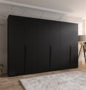 Drehtürenschrank | Farbe: Schwarz | ABS-Kanten | 3 Meter breit | 3 Kleiderstangen | Soft-Close-Funktion | Griffe: Schwarz | 3 Fächer | Maße: 300 x 52 x 202 cm
