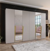 Kleiderschrank / Drehtürenschrank | Farbe: Kaschmir | 2 Spiegeltüren | 4 Fächer | 4 Kleiderstangen | Soft-Close | Griffe: Gold | Maße: 300 x 52 x 202 cm | ABS
