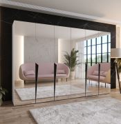 Kleiderschrank | Farbe: Weiß | Schlafzimmerschrank mit Spiegel | Soft-Close-Funktion | Griffe: Schwarz | Maße: 300 x 52 x 202 cm | ABS-Kanten | 4 Fächer | 4 Kleiderstangen