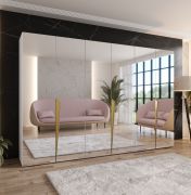 Drehtürenschrank | Farbe: Weiß | Schlafzimmerschrank mit Spiegel | Griffe: Gold | Soft-Close-Funktion | 3 Fächer | 3 Kleiderstangen | Maße: 300 x 52 x 202 cm | ABS-Kanten