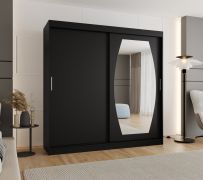 Schiebetürenschrank / Kleiderschrank Musala 19, Farbe: Schwarz, zwei Kleiderstangen, 2 Meter breit, Aluminiumschienen, eine Spiegeltür, 10 Fächer