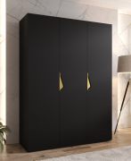 Kleiderschrank | 3 Türen | Farbe: Schwarz | Griffe: Gold | Maße: 150 x 52 x 202 cm | 2 Kleiderstangen | 2 Fächer | Drehtürenschrank