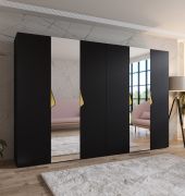Drehtürenschrank / Kleiderschrank | Farbe: Schwarz | 2 Spiegeltüren | 4 Fächer | Griffe: Gold | 4 Kleiderstangen | Maße: 300 x 52 x 202 cm | ABS-Kanten
