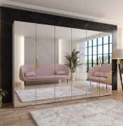 Schlafzimmerschrank mit Spiegel | 3 Fächer | Farbe: Kaschmir | 3 Kleiderstangen | Kleiderschrank | Griffe: Gold | Maße: 300 x 52 x 202 cm | Soft-Close-Funktion