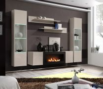 Wohnwand | inkl. LED-Beleuchtung | Farbe: Kaschmir | 2 Hängevitrinen | 1 TV-Unterschrank mit Bio-Ethanol Kamin | 2 Wandregale
