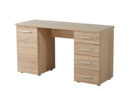 Schreibtisch mit viel Stauraum Arande 01, vier Schubladen, Farbe: Eiche Sonoma, eine Tür, ABS-Kanten, zwei Fächer, Maße: 75,5 x 135 x 50 cm, funktional