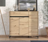 Schuhschrank | 3 Drehtüren | Farbe: Eiche Artisan | ABS-Kanten | 1 Schublade | 8 Fächer | Maße: 118,5 x 40 x 109,5 cm | für den Eingangsbereich