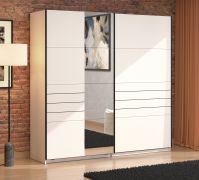 Kleiderschrank | Farbe: Opak Weiß | breit | 1 Spiegeltür | Schiebetürenschrank | Maße: 220 x 61 x 217,5 cm | ABS-Kanten | 2 Kleiderstangen | 2 Fächer