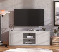 TV-Unterschrank | 2 Drehtüren | Farbe: Kaschmir | 4 Fächer | 2 Kabeldurchführung | ABS-Kanten | Maße: 147,5 x 41 x 53,5 cm | Griffe & Beine: Metall