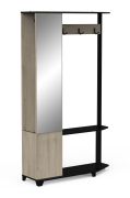 Große Garderobe mit 3 Haken Nandera 01, Farbe: Eiche / Schwarz, mit eingebautem Spiegel, gute Stabilität, Maße: 184 x 108,5 x 34 cm, für Vorraum